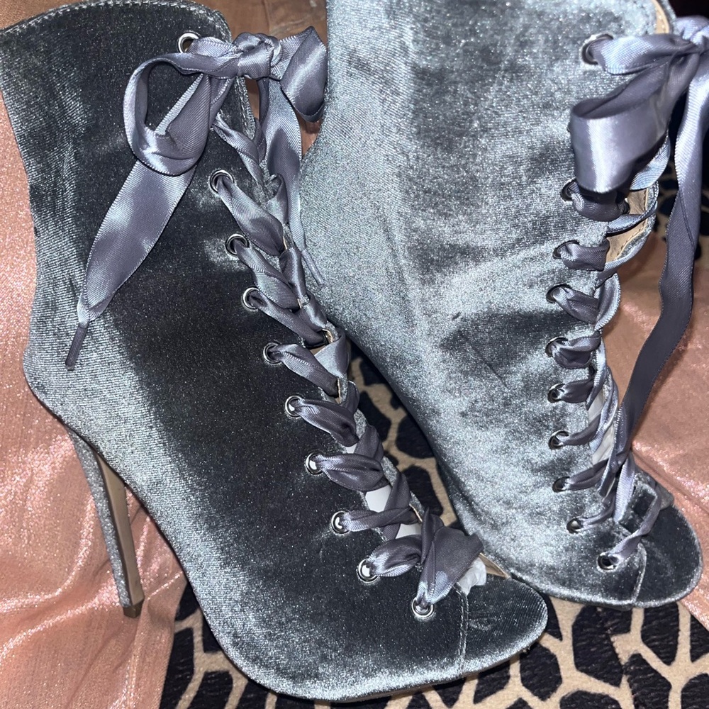 Velvet gray/silver/pewter with a Gray satin ribbon lace up high pump booty.